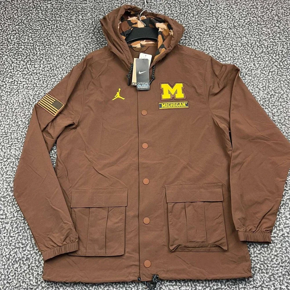 Air Jordan Michigan Wolverines Military Hooded Jacket Men Large Brown New L